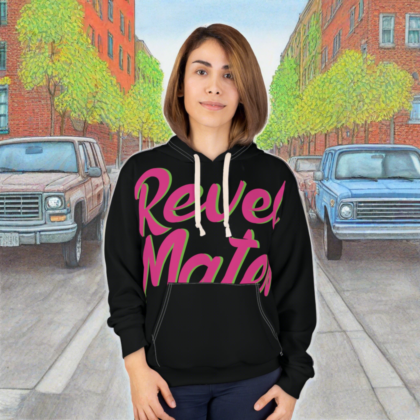 Unisex Cut & Sew Pullover Hoodie | All Over Print Hoodie | Black & Fuchsia RevelMates Design