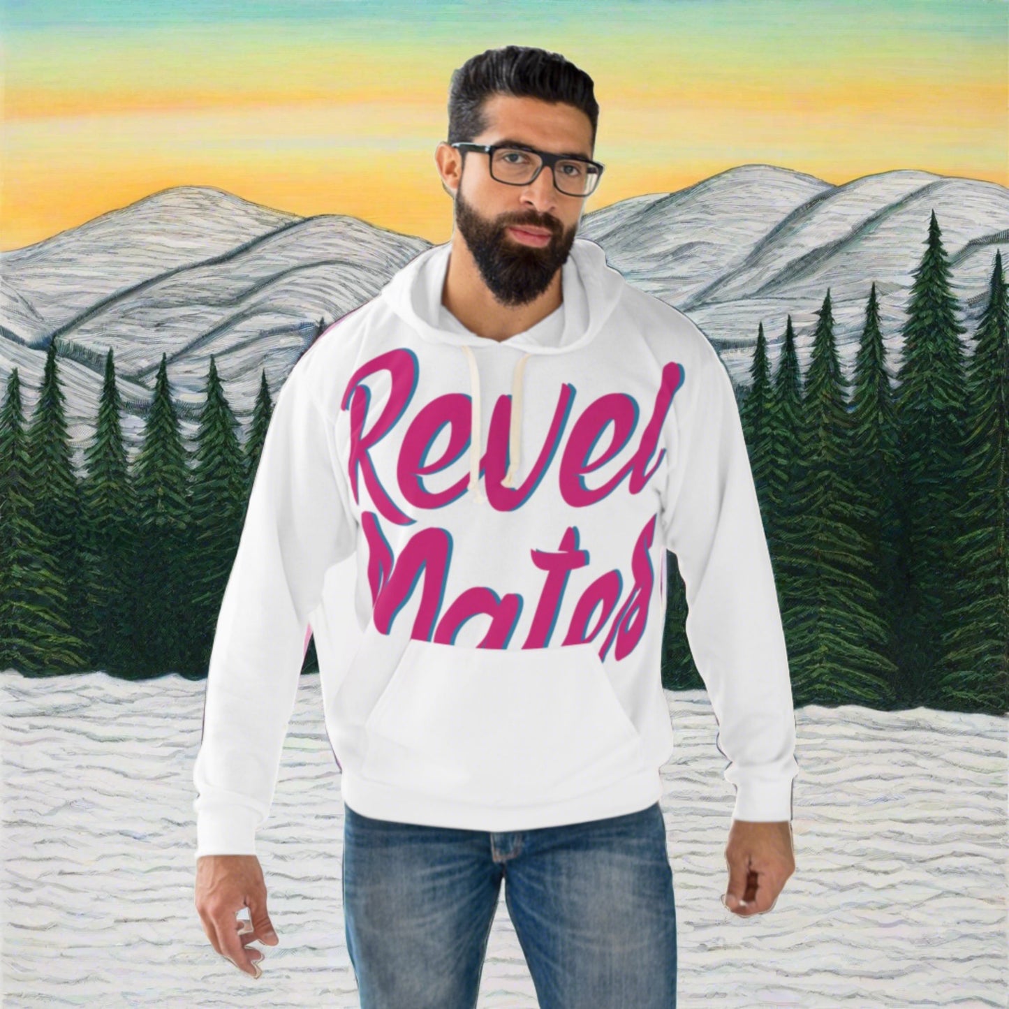 Unisex Cut & Sew Pullover Hoodie | All Over Print Hoodie | White & Fuchsia RevelMates Design