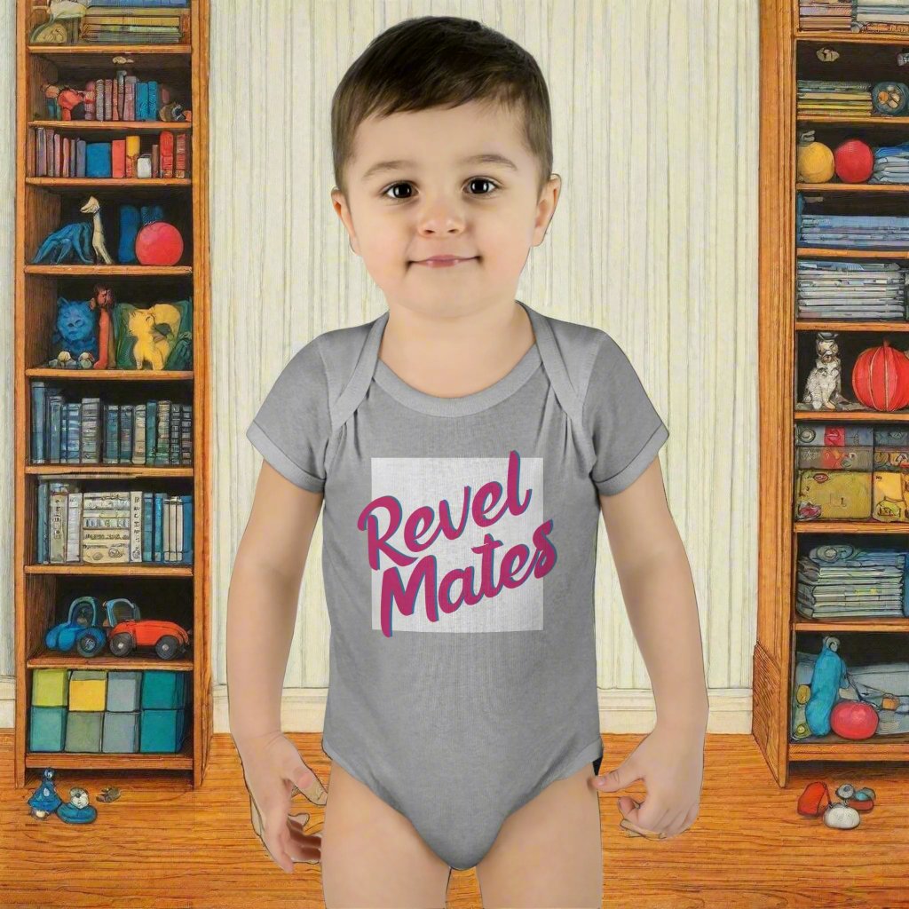 Infant Unisex Baby Rib Bodysuit | NB-24M | White & Fuchsia RevelMates Square Design | 4 colors