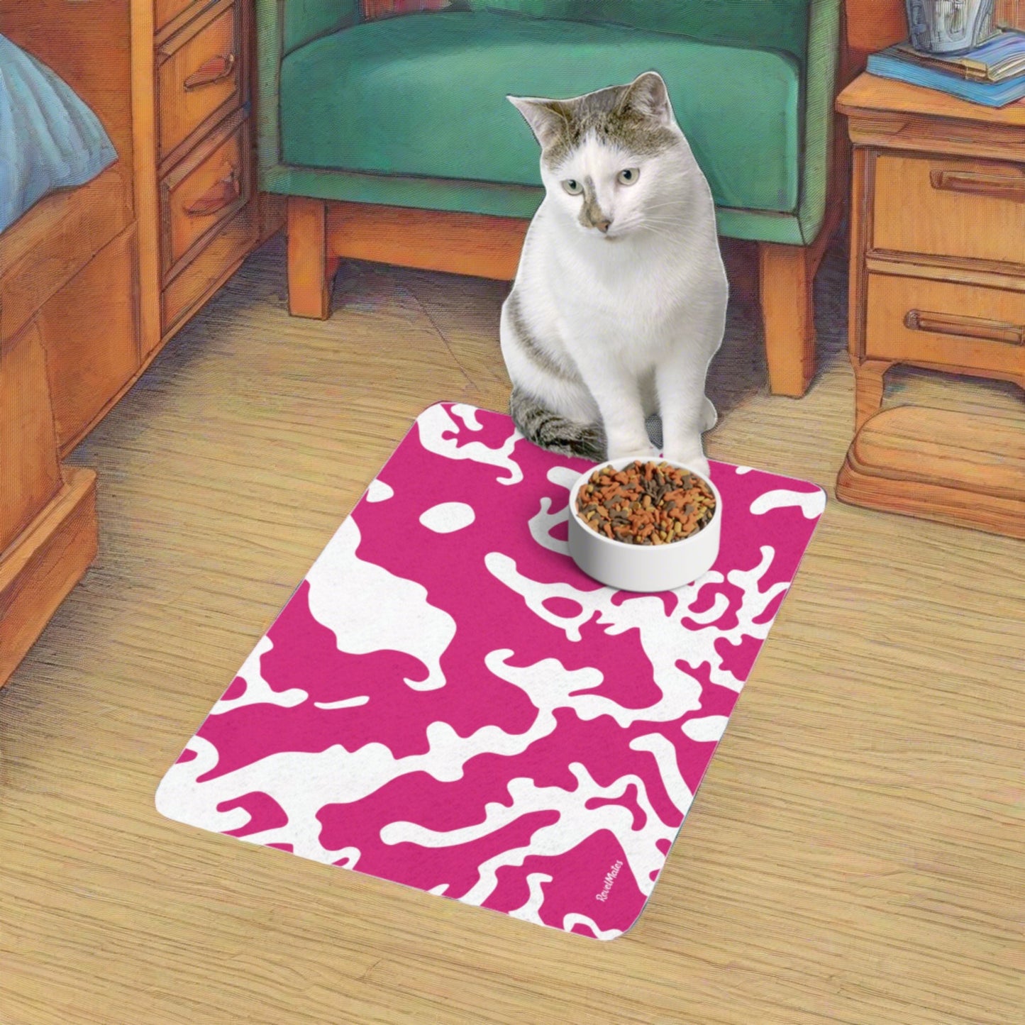Tarnung Fuchsia&Weiß | Tierfuttermatte (12"x18") | für Hunde, Katzen und alle geliebten Haustiere
