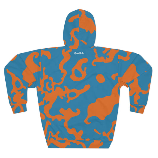 Unisex Cut & Sew Pullover Hoodie | All Over Print Hoodie | Camouflage Blue & Orange Design