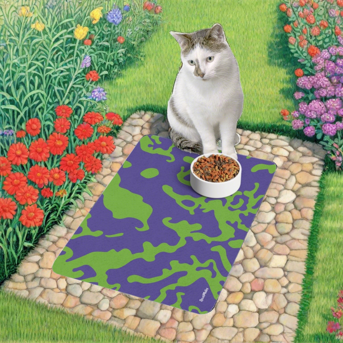 Camuflaje Lavanda y Verde | Tapete para comida para mascotas (12"x18") | para perros, gatos y todas las mascotas queridas