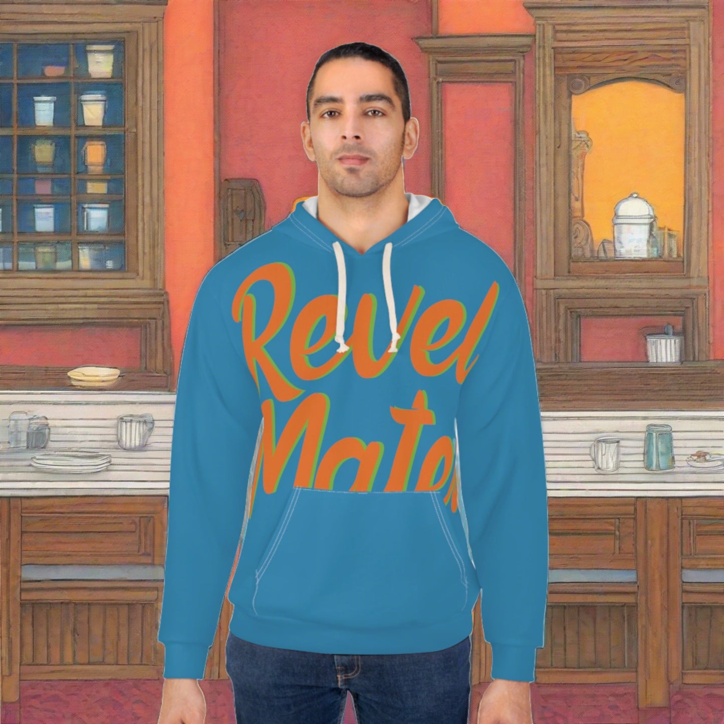 Unisex Cut & Sew Pullover Hoodie | All Over Print Hoodie | Blue & Orange RevelMates Design