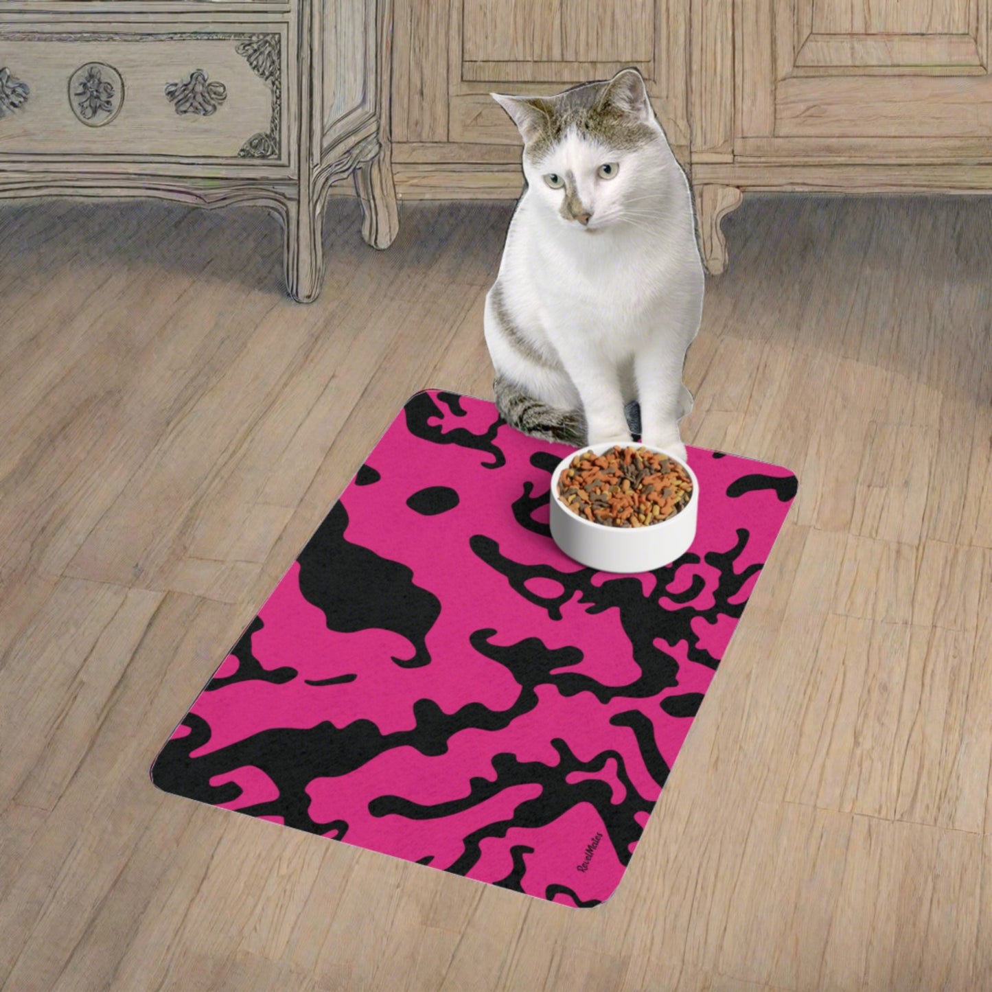 Pet Food Mat | for Dogs, Cats and all beloved Pets | Camouflage Fuchsia & Black Design