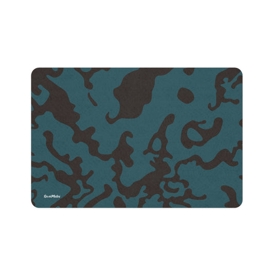 Pet Food Mat | for Dogs, Cats and all beloved Pets | Camouflage Turquoise & Brown Design