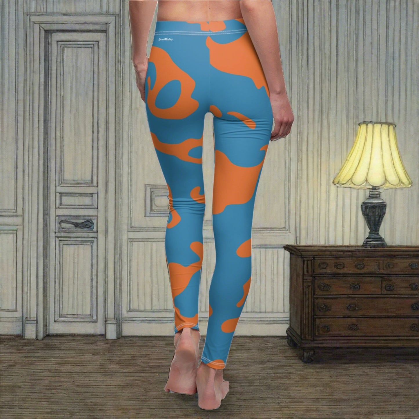 Women's Cut & Sew Casual Leggings | Camouflage Blue & Orange Design