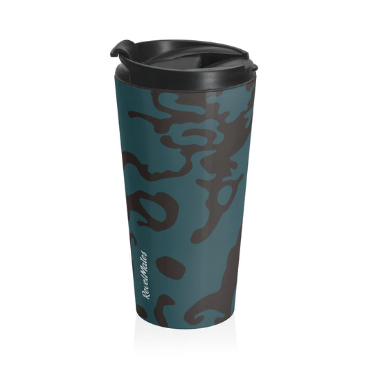 Stainless Steel Travel Mug With Cup 15oz (440ml) | Camouflage Turquoise & Brown Design