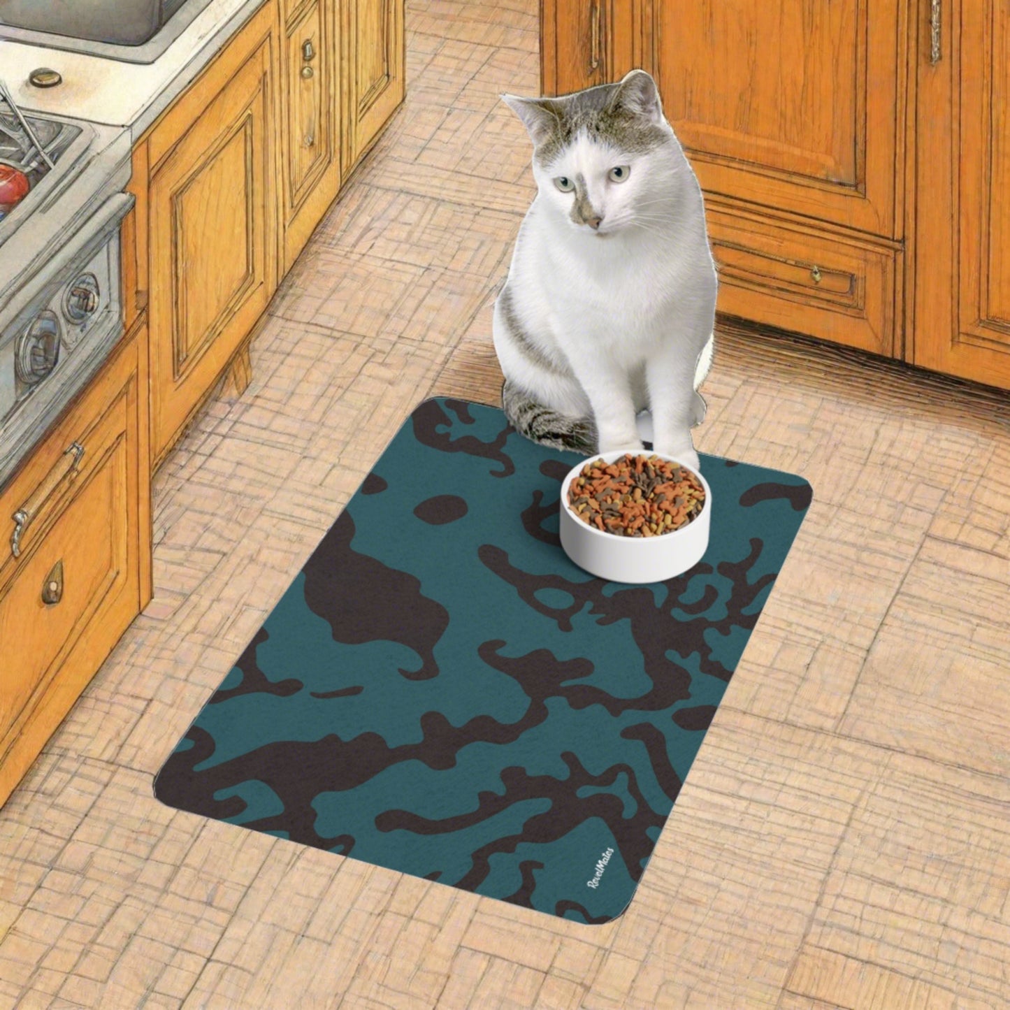 Pet Food Mat | for Dogs, Cats and all beloved Pets | Camouflage Turquoise & Brown Design
