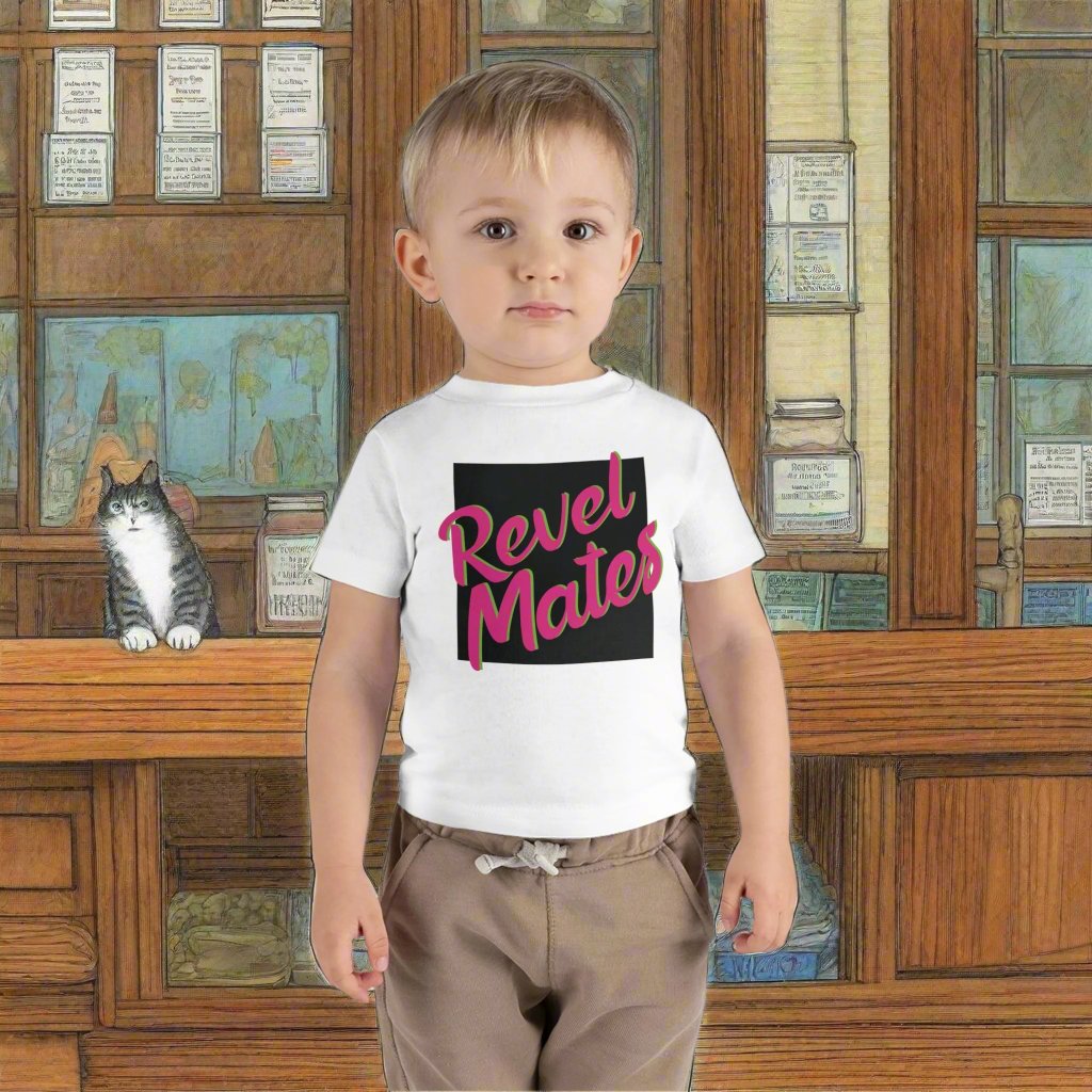 Infant Unisex Lightweight Fine Jersey T-Shirt | 6M-24M | Black & Fuchsia RevelMates Square Design | 4 colors