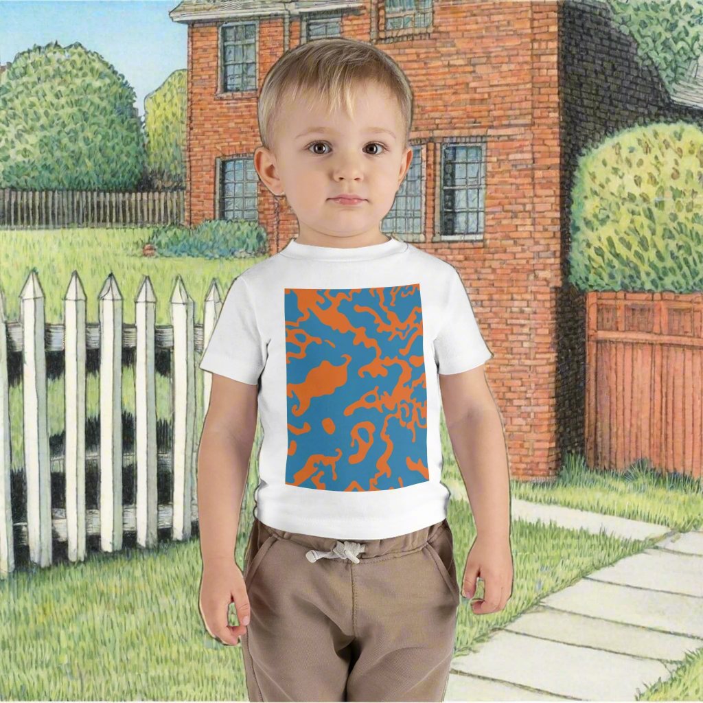 Infant Unisex Lightweight Fine Jersey T-Shirt | 6M-24M | Camouflage Blue & Orange Design