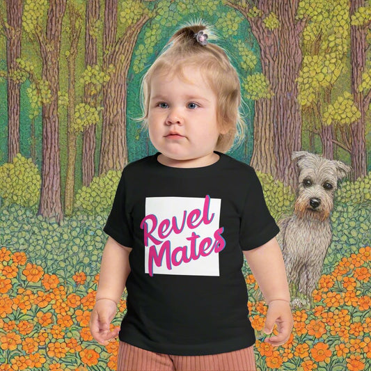 Infant Unisex Lightweight Fine Jersey T-Shirt | 6M-24M | White & Fuchsia RevelMates Square Design | 4 colors