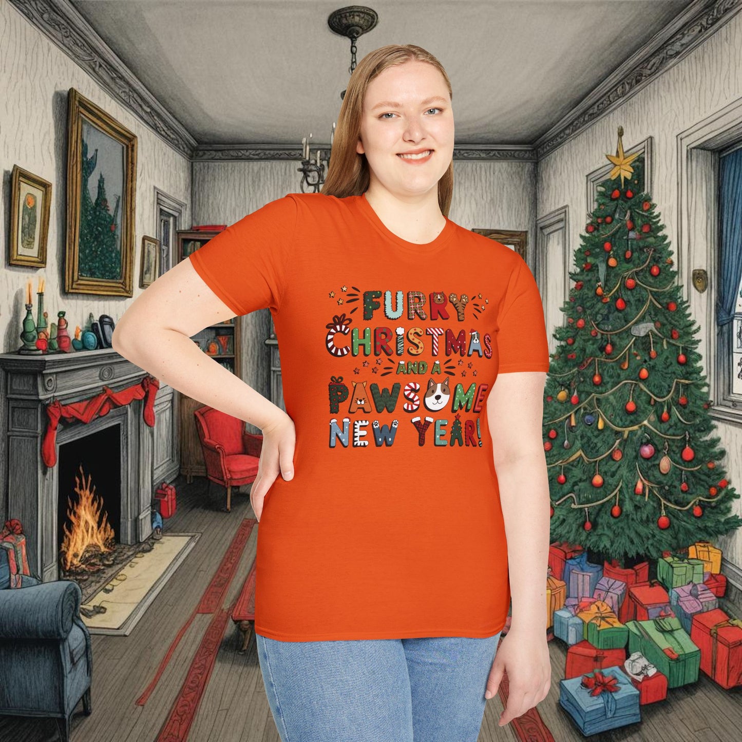 Unisex Softstyle T-Shirt | Solid Colors V.1 | Furry Christmas Design | 14 colors