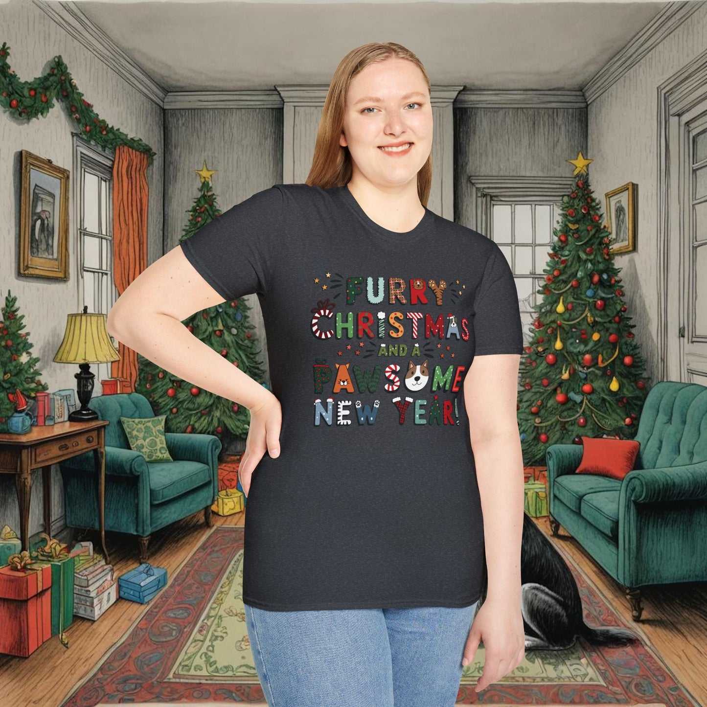 Unisex Softstyle T-Shirt | Heather and Antique Colors | Furry Christmas Design | 15 colors