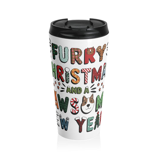 Stainless Steel Travel Mug With Cup 15oz (440ml)| Furry Christmas Design