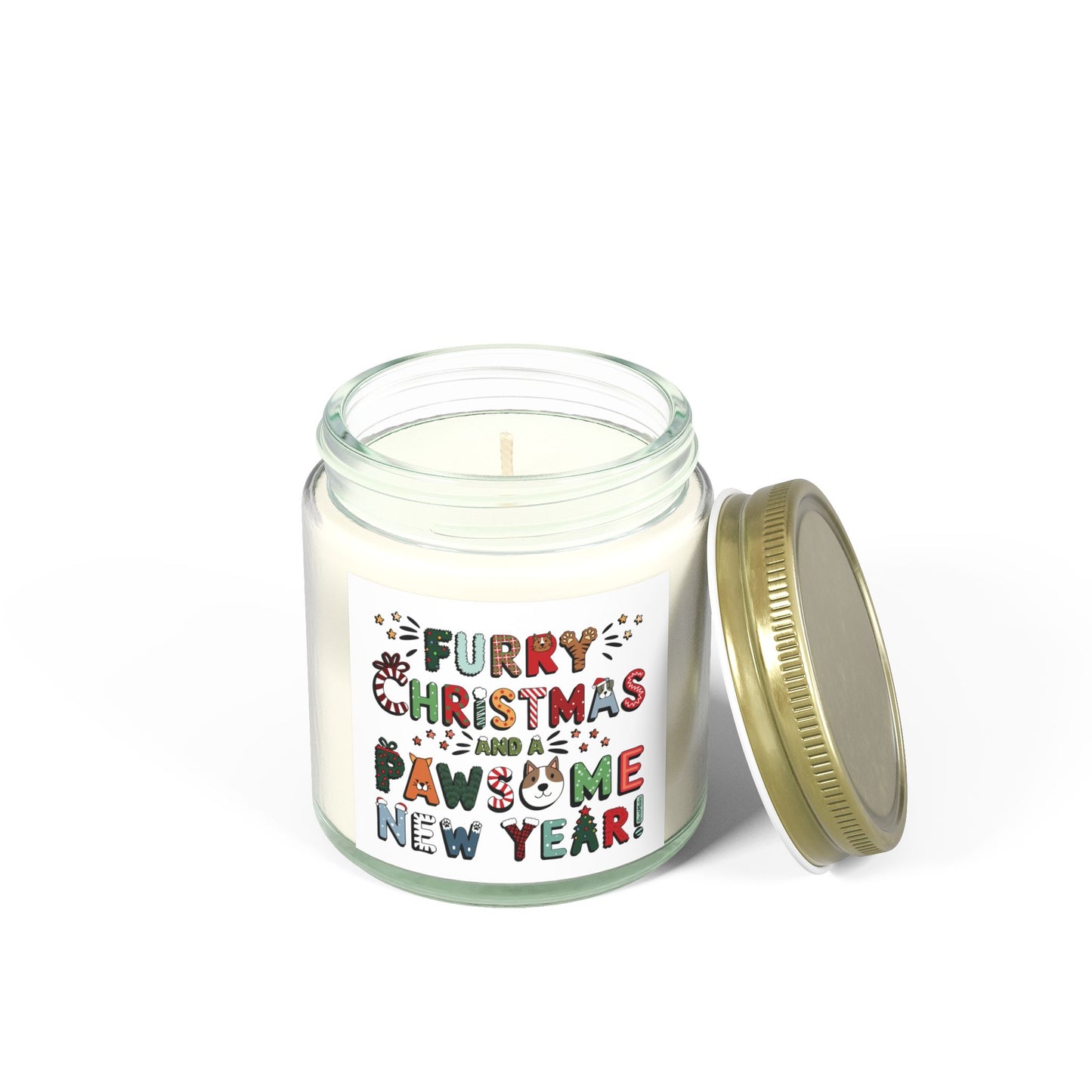 Scented Candles, Coconut Apricot Wax (4oz, 9oz) | Furry Christmas Design | 2 colors | 9 scents