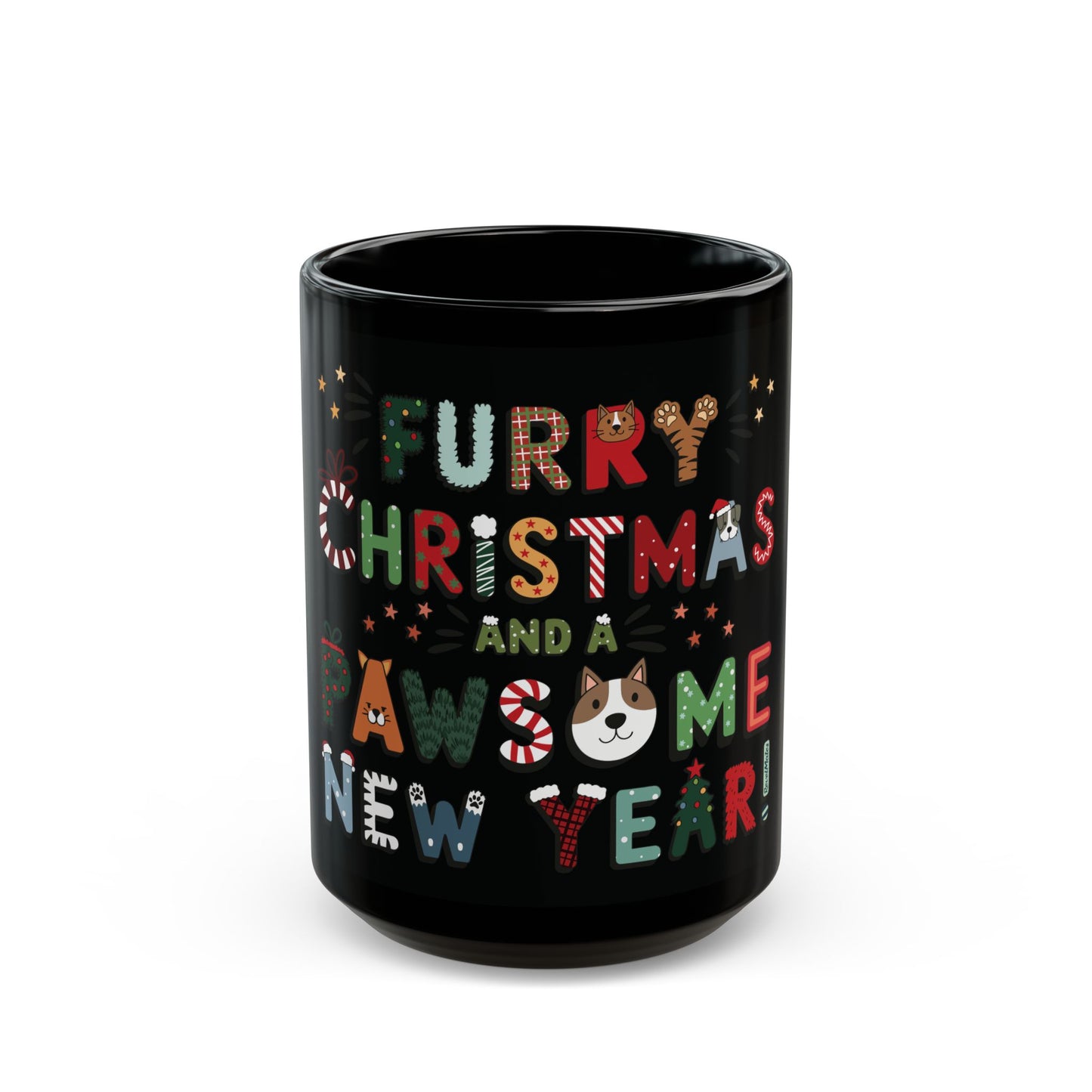 Total Black Ceramic Mug (11oz, 15oz) | Furry Christmas Design | 2 sizes