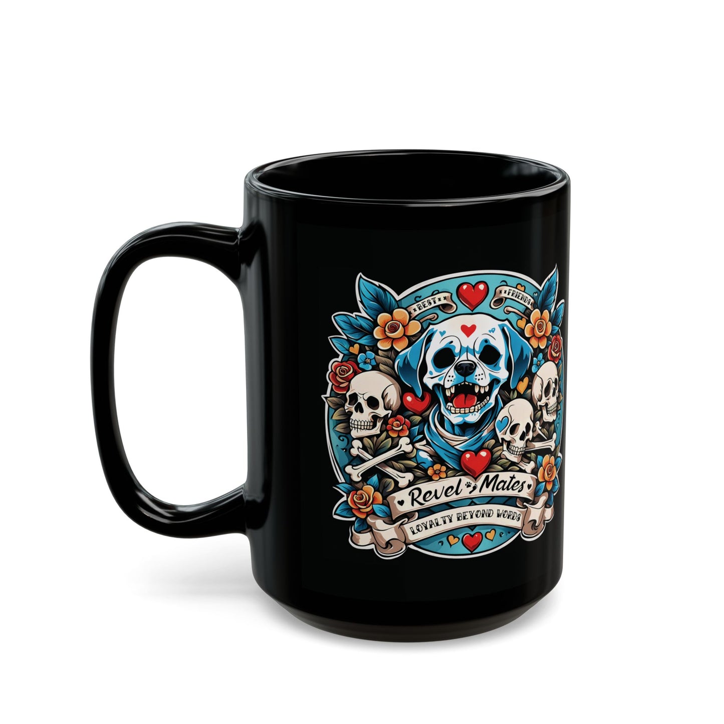 Total Black Ceramic Mug (11oz, 15oz) | Dog Skull Tattoo Design | 2 sizes