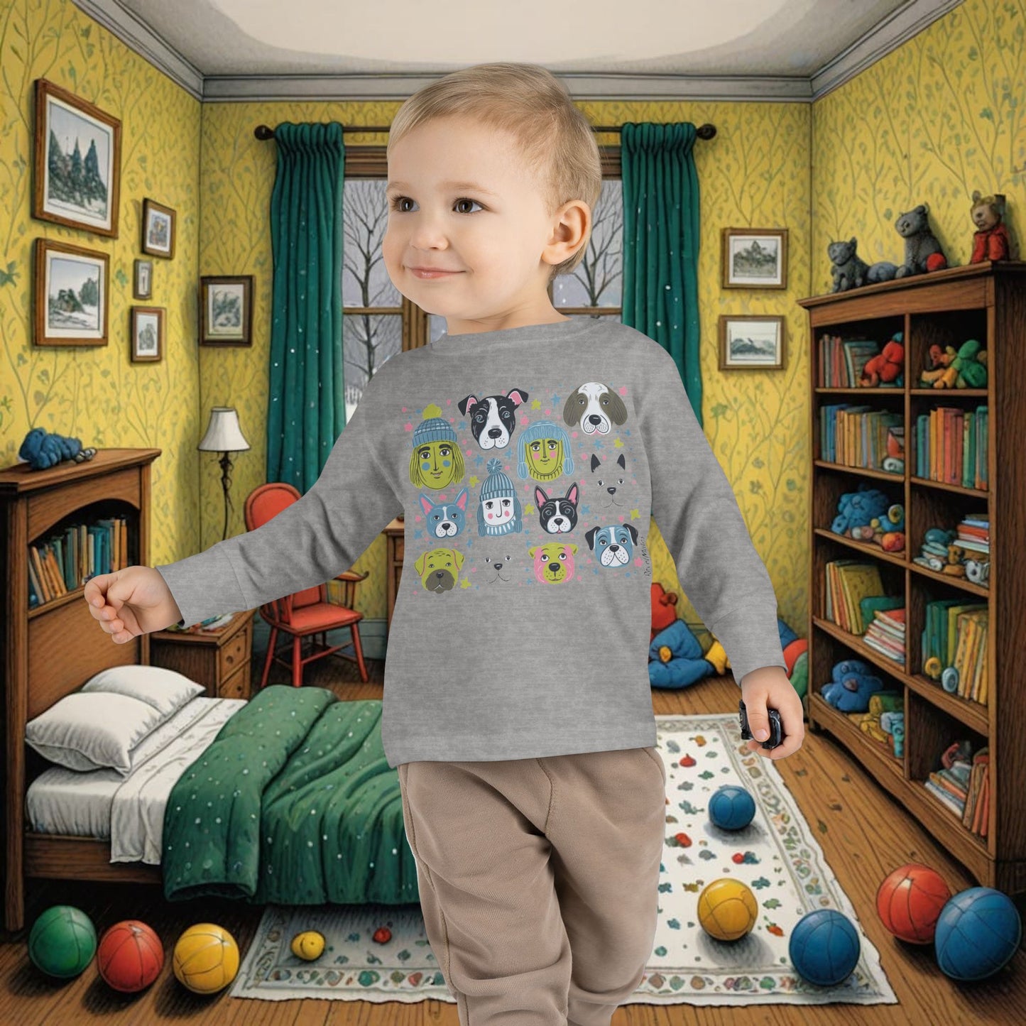 Toddler Unisex Long Sleeve T-Shirt | Winter Doggies Design | 4 colors