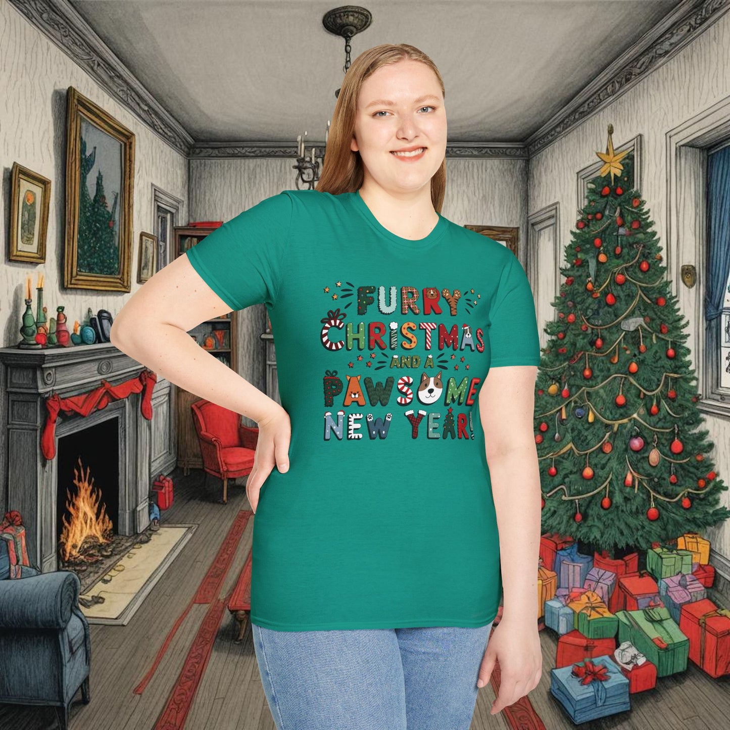 Unisex Softstyle T-Shirt | Solid Colors V.1 | Furry Christmas Design | 14 colors