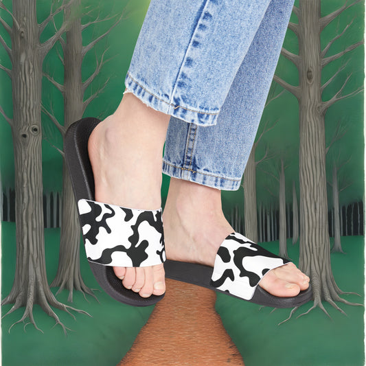 Women's PU Slide Sandals | Camouflage Black & White Design