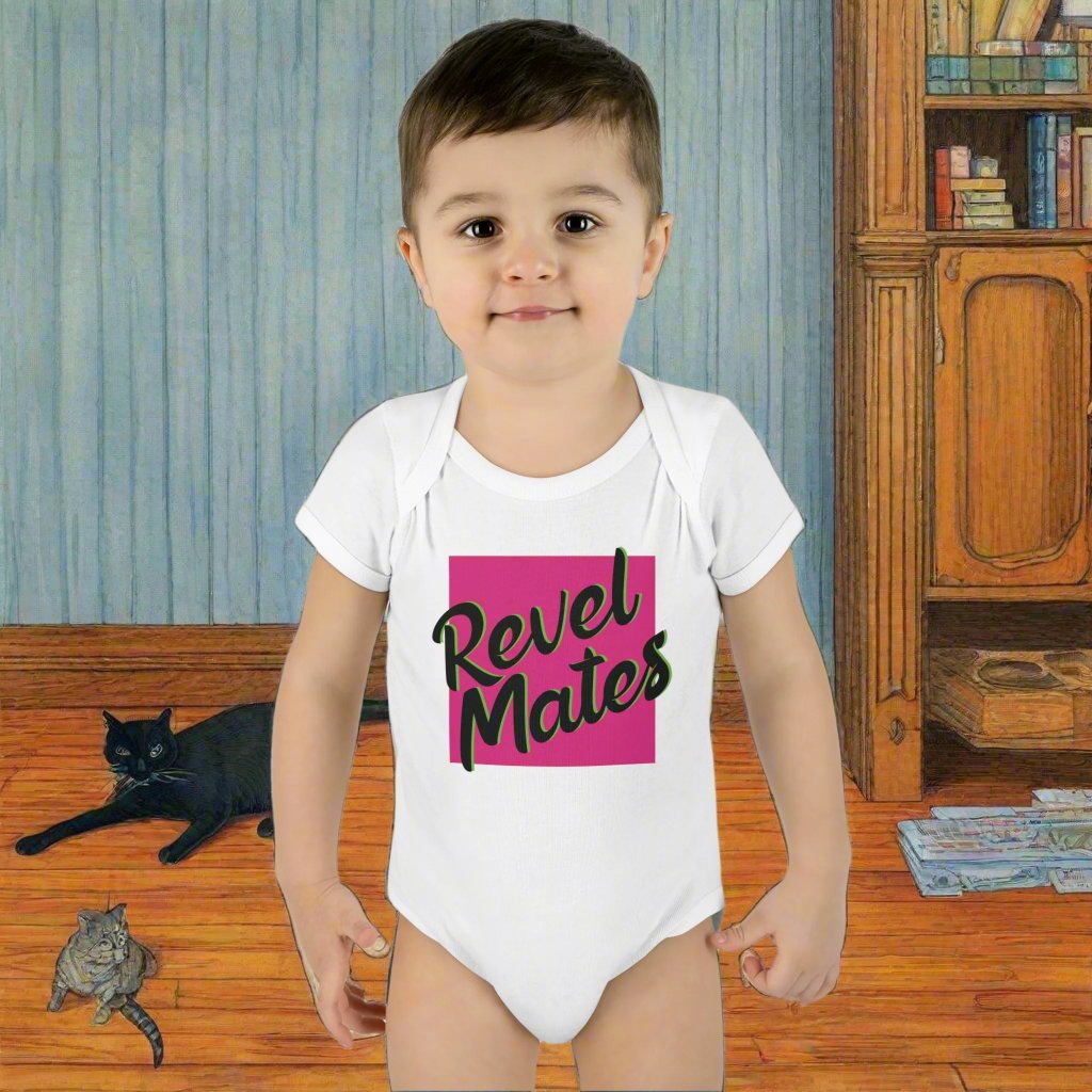 Unisex Infant Baby Rib Bodysuit | NB-24M | Fuchsia & Black RevelMates Square Design | 4 colors