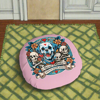 Round Tufted Floor Pillow | for Pets and Companions | Dog Skull Tattoo Design | 4 colors