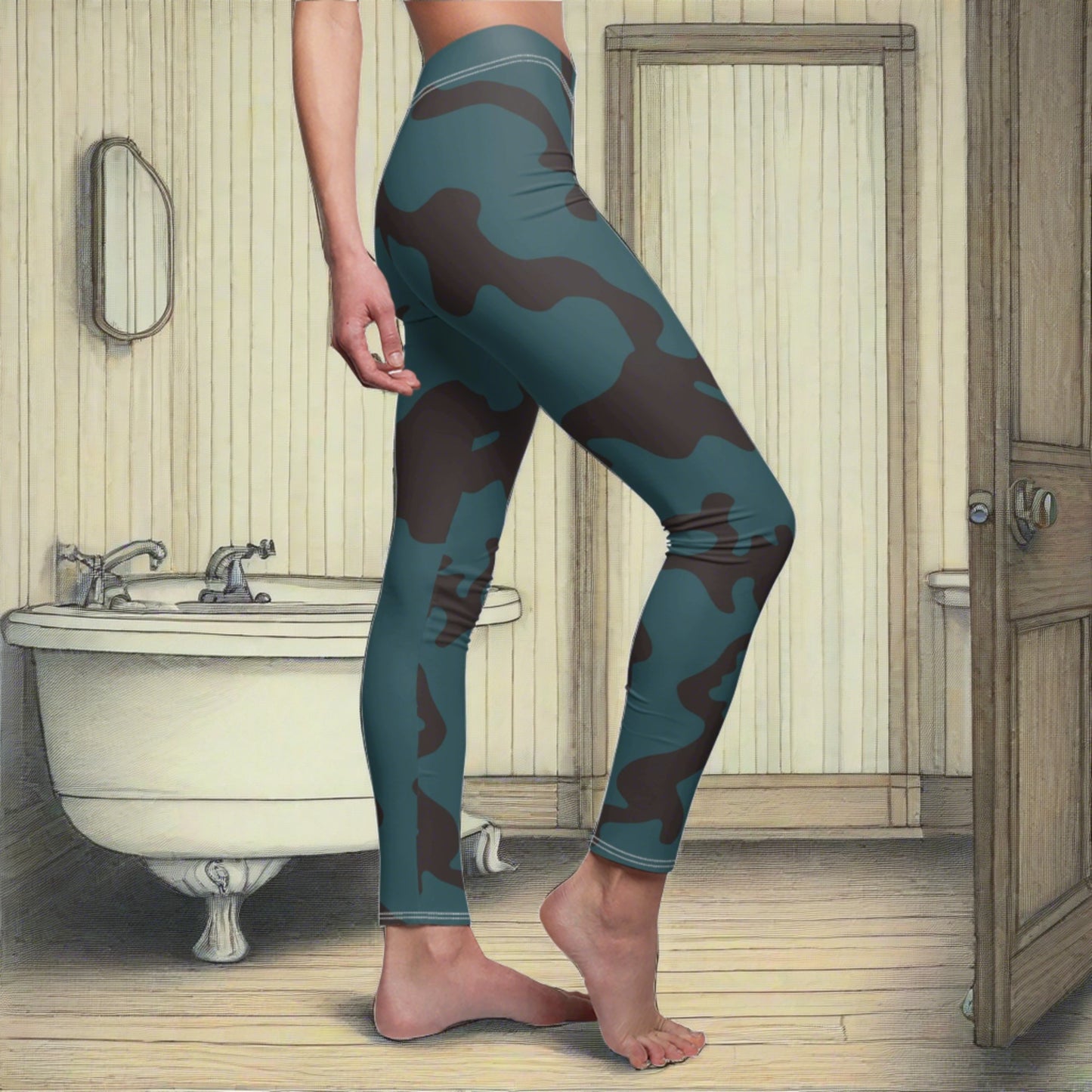 Women's Cut & Sew Casual Leggings | Camouflage Turquoise & Brown Design