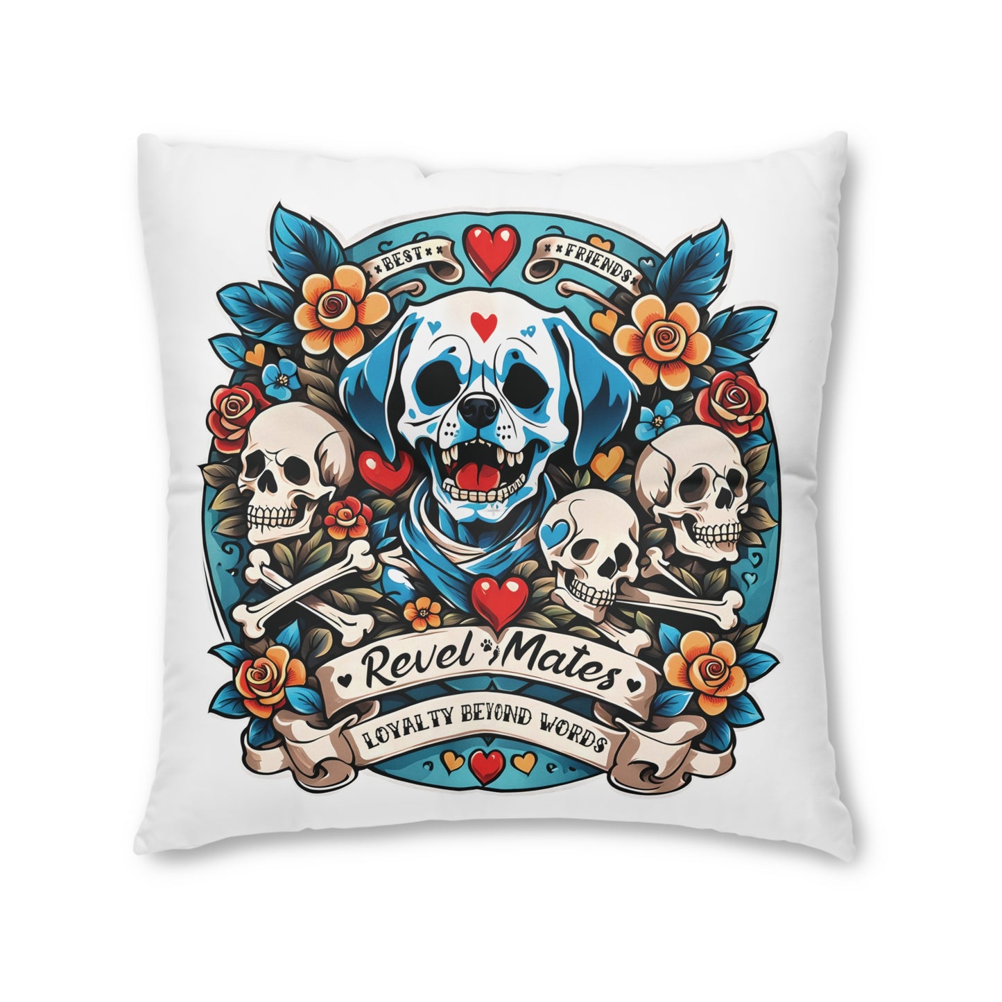 Square Tufted Floor Pillow | for Pets and Companions | Dog Skull Tattoo Design | 4 colors