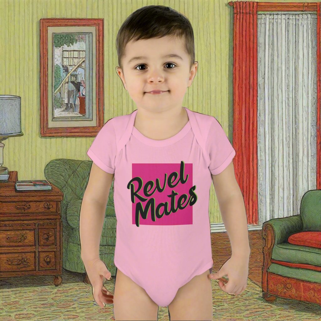 Unisex Infant Baby Rib Bodysuit | NB-24M | Fuchsia & Black RevelMates Square Design | 4 colors