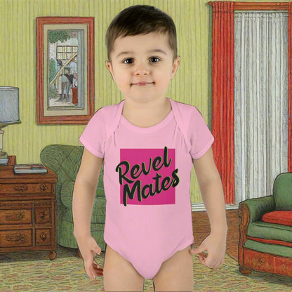 Unisex Infant Baby Rib Bodysuit | NB-24M | Fuchsia & Black RevelMates Square Design | 4 colors