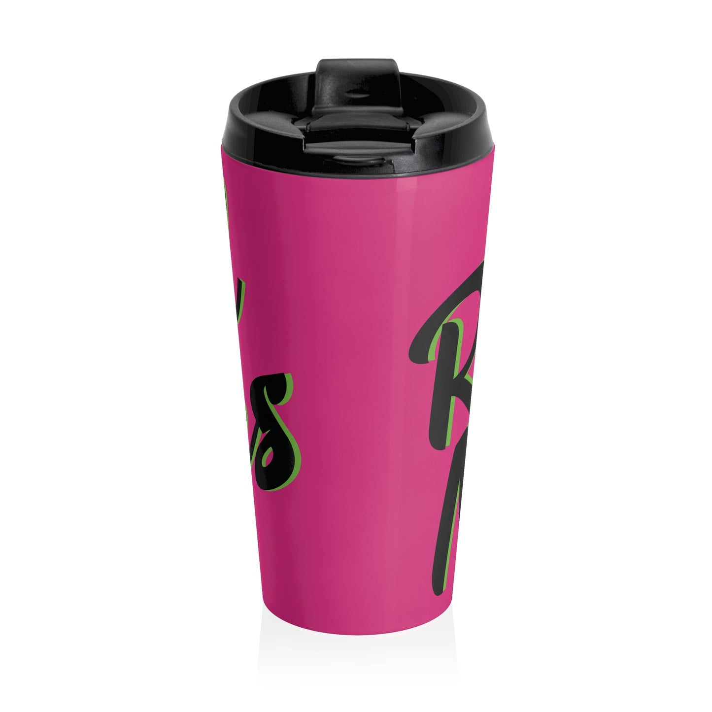 Stainless Steel Travel Mug With Cup 15oz (440ml)| Fuchsia & Black RevelMates Design