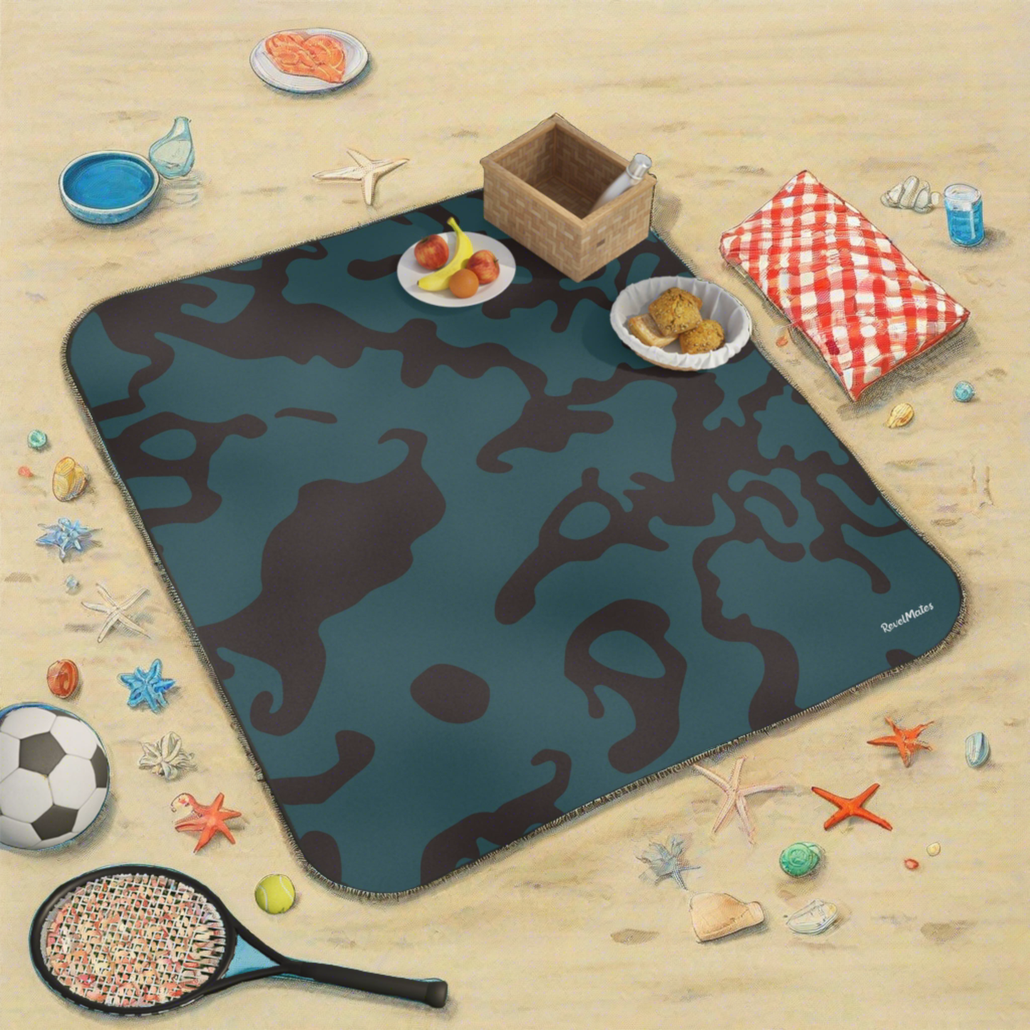 Picnic Blanket | Camouflage Turquoise & Brown Design