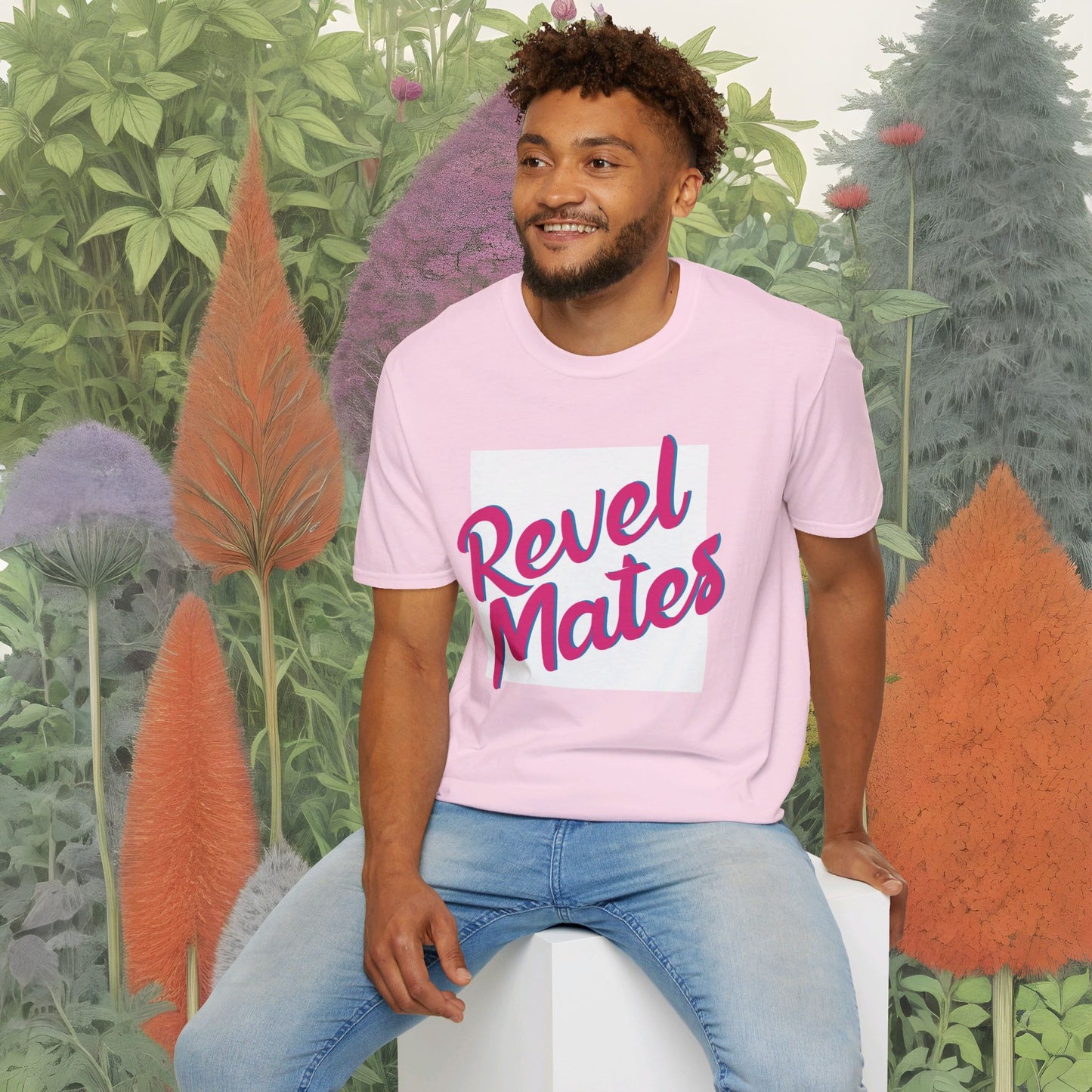 Unisex Softstyle T-Shirt | White & Fuchsia RevelMates Square Design | 4 colors