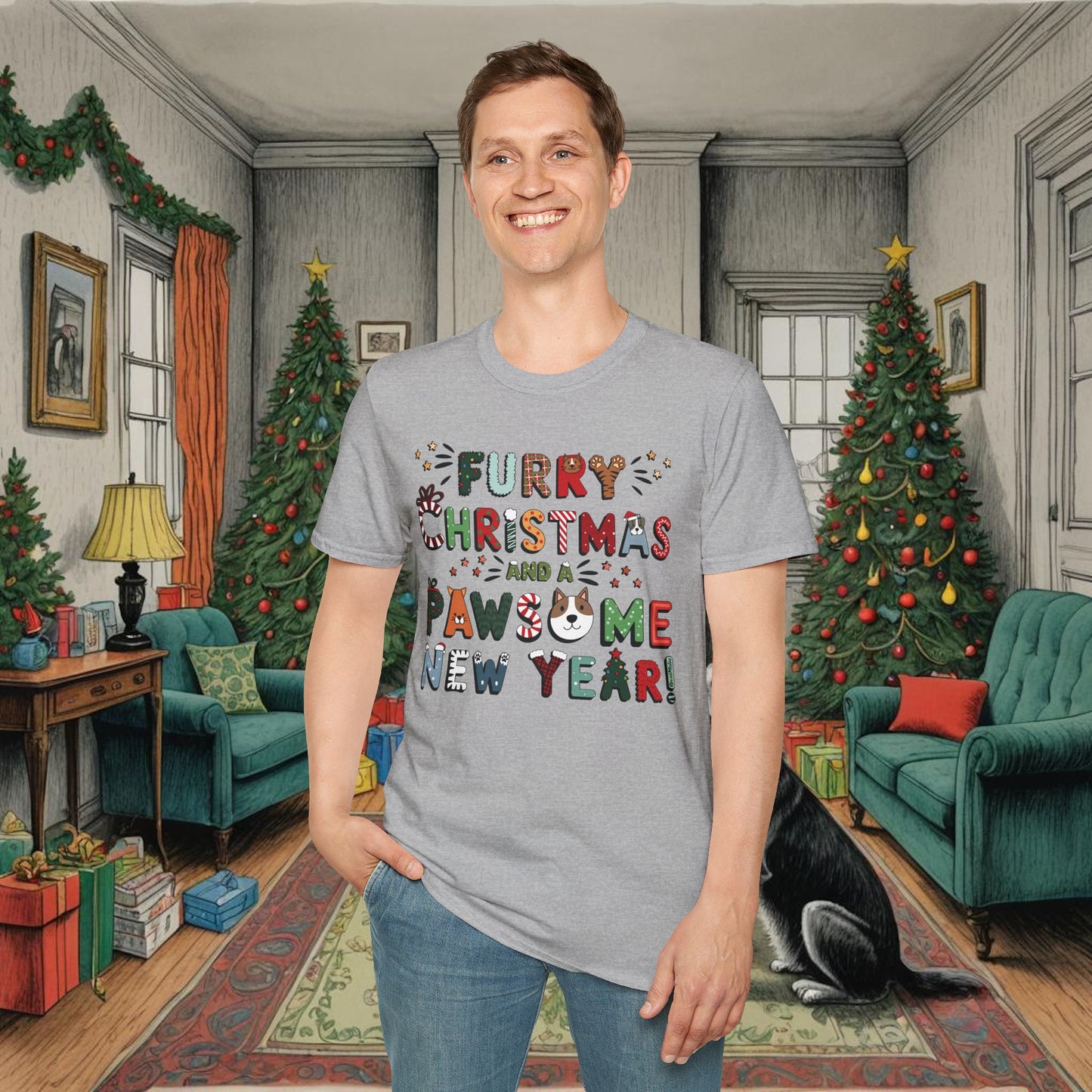 Unisex Softstyle T-Shirt | Heather and Antique Colors | Furry Christmas Design | 15 colors