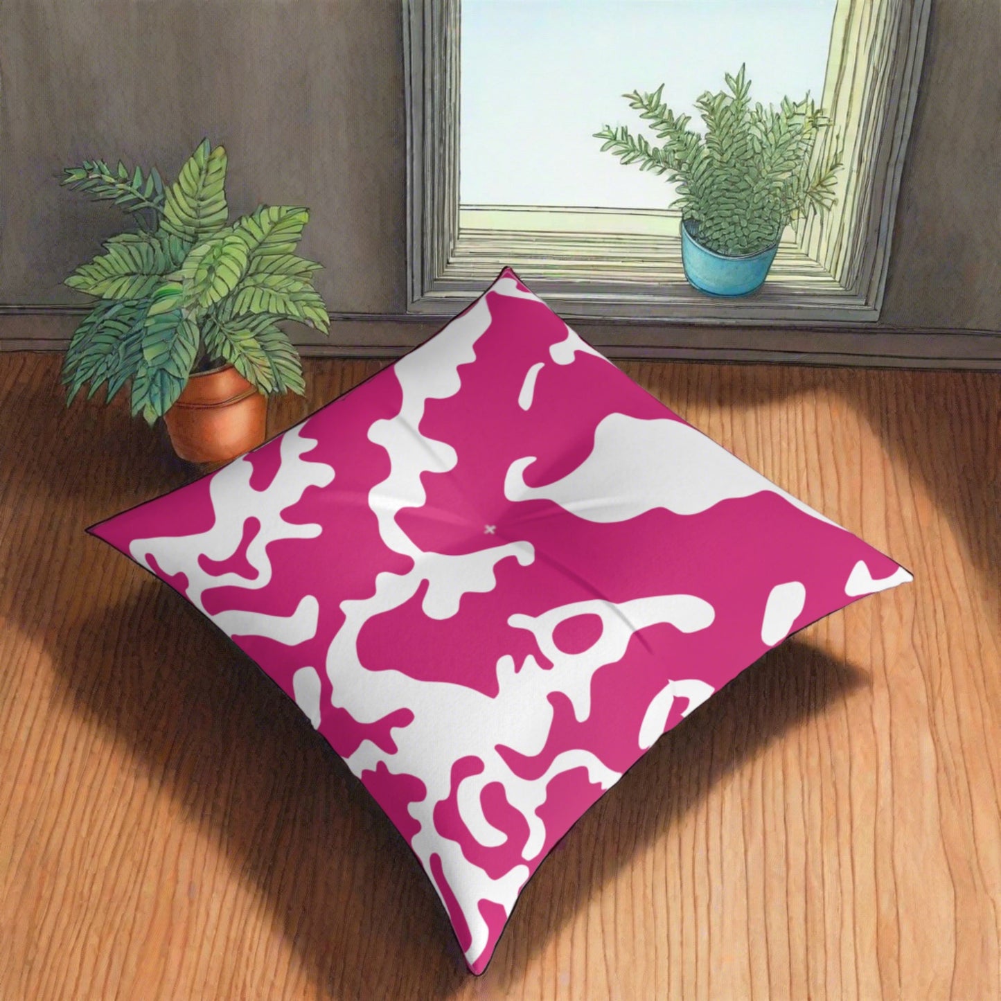 Square Tufted Floor Pillow | for Pets and Companions | Camouflage Fuchsia & White Design