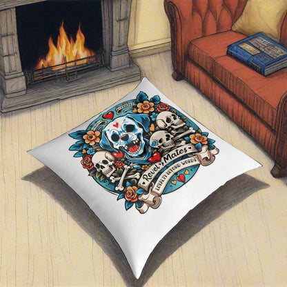 Square Tufted Floor Pillow | for Pets and Companions | Dog Skull Tattoo Design | 4 colors