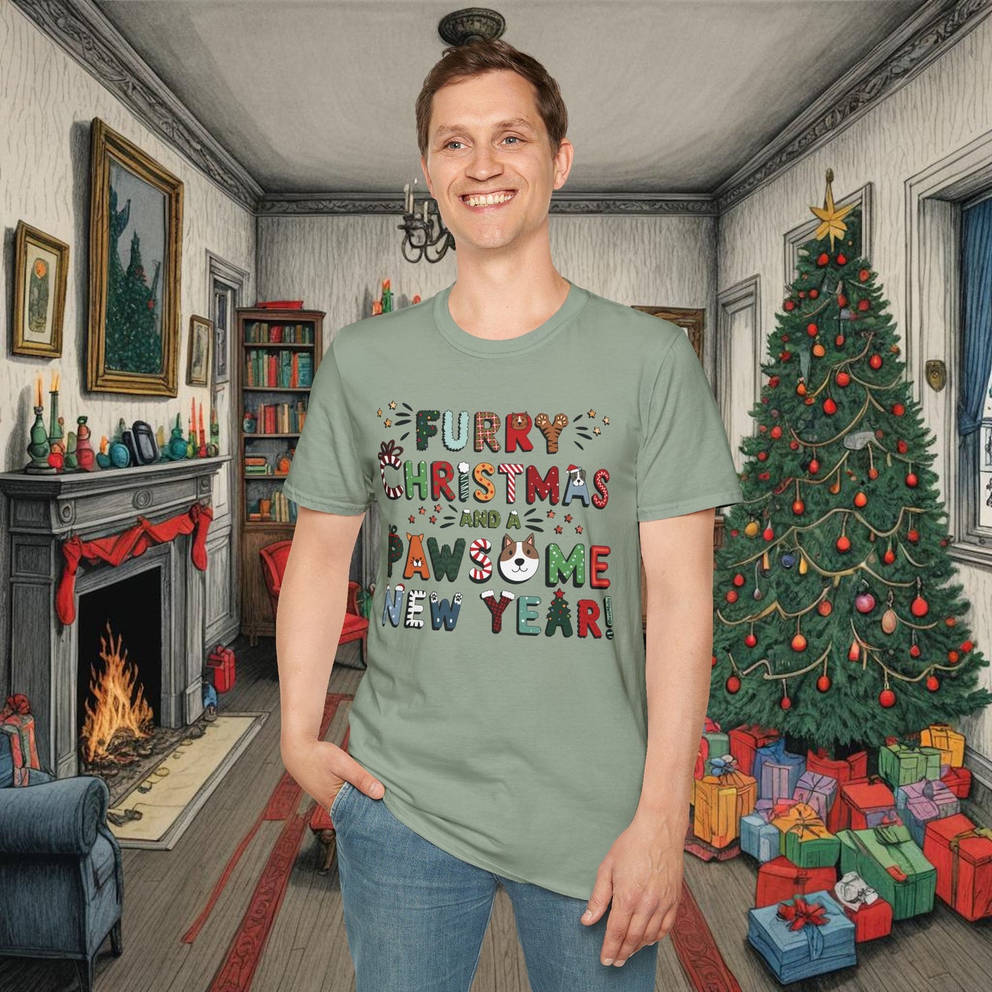 Unisex Softstyle T-Shirt | Solid Colors V.1 | Furry Christmas Design | 14 colors