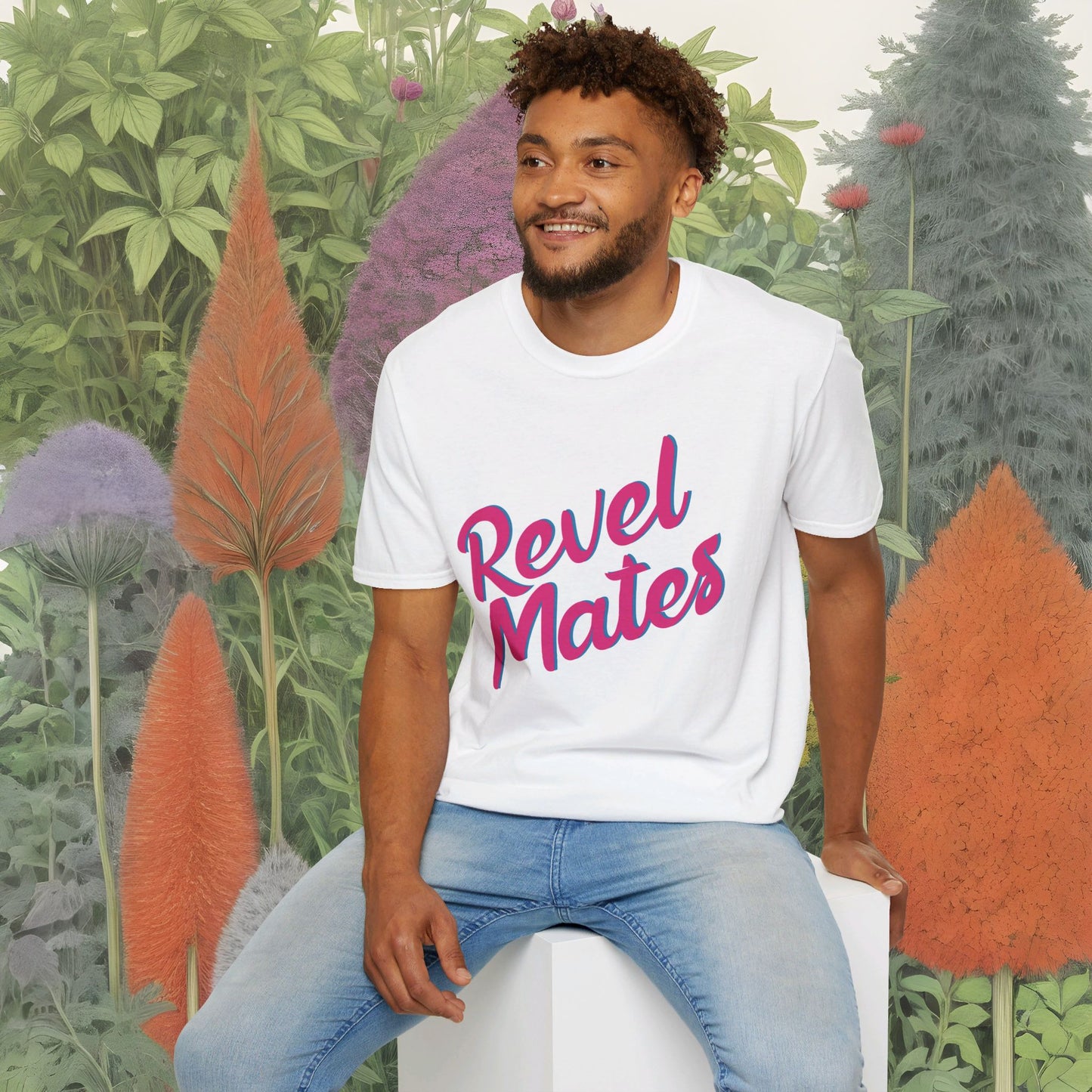 Unisex Softstyle T-Shirt | White & Fuchsia RevelMates Square Design | 4 colors