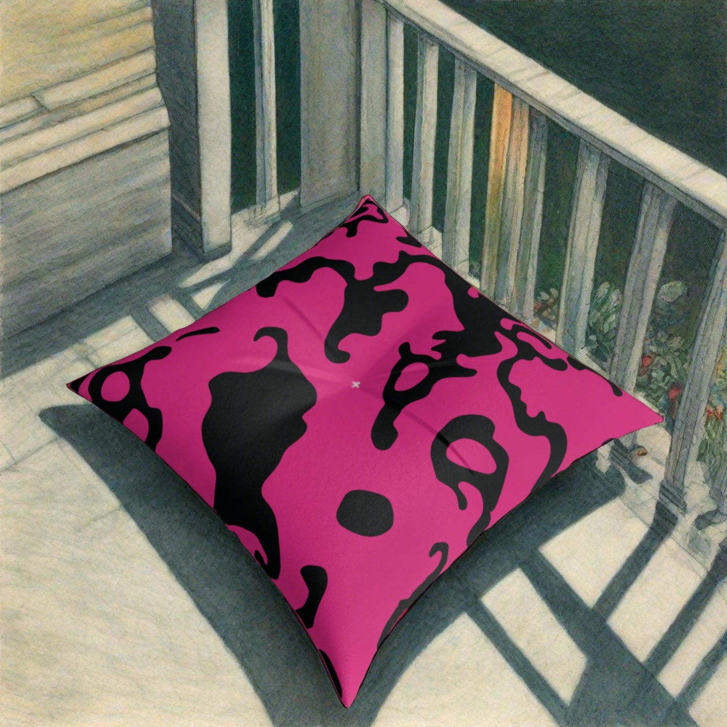 Square Tufted Floor Pillow | for Pets and Companions | Camouflage Fuchsia & Black Design