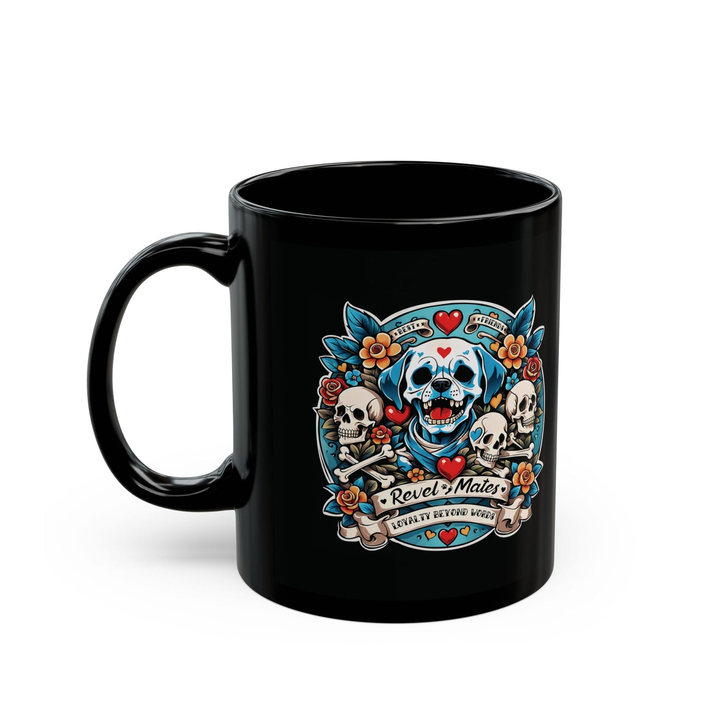 Total Black Ceramic Mug (11oz, 15oz) | Dog Skull Tattoo Design | 2 sizes