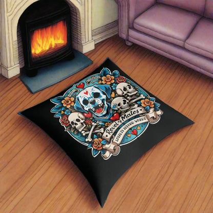 Square Tufted Floor Pillow | for Pets and Companions | Dog Skull Tattoo Design | 4 colors