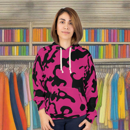 Unisex Cut & Sew Pullover Hoodie | All Over Print Hoodie | Camouflage Fuchsia & Black Design