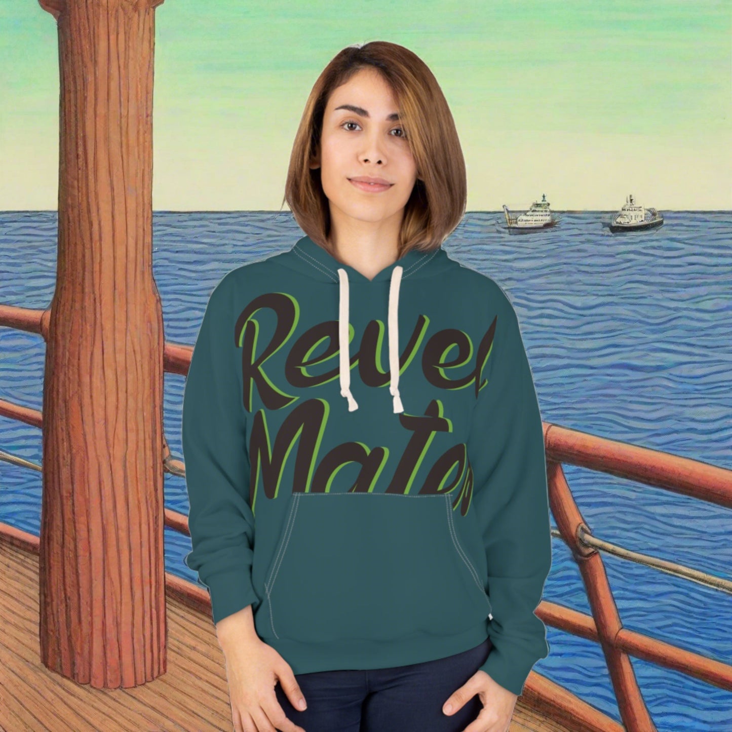 Unisex Cut & Sew Pullover Hoodie | All Over Print Hoodie | Turquoise & Brown RevelMates Design
