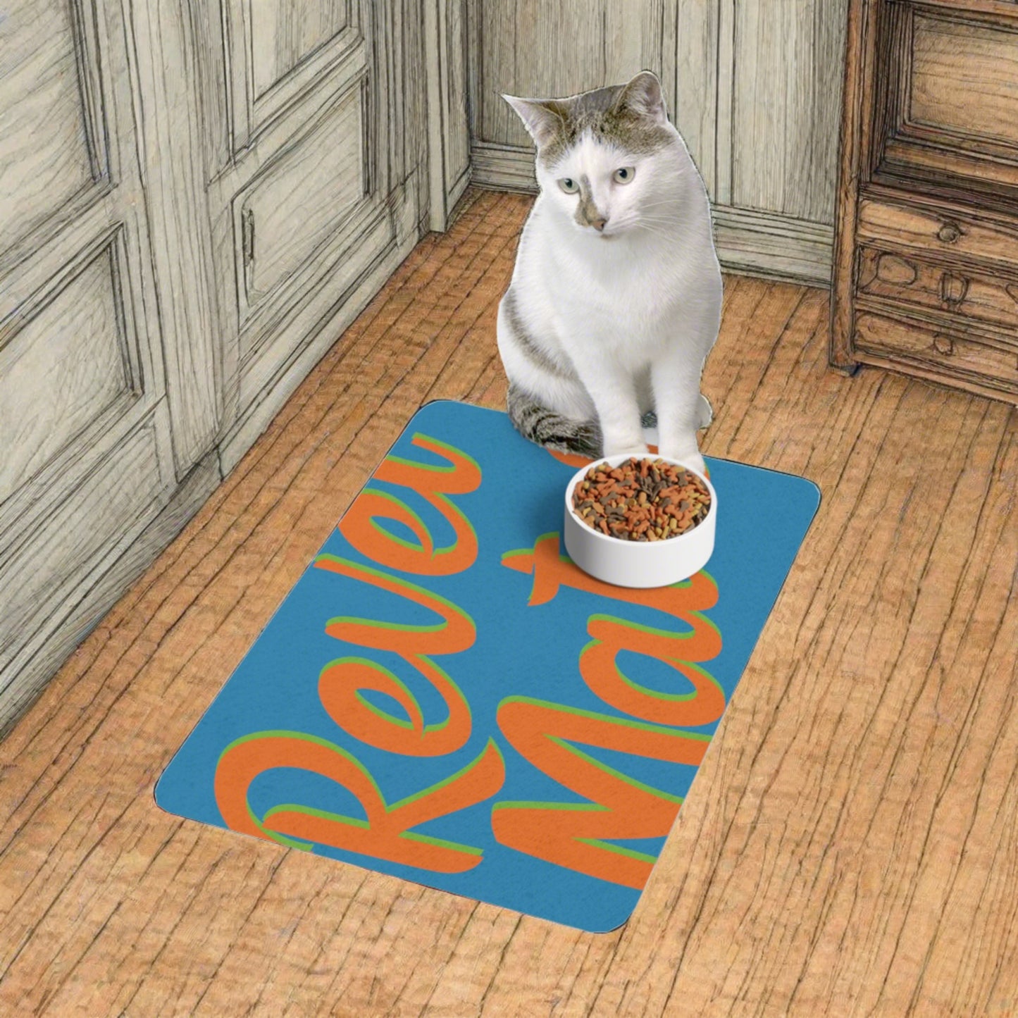 Pet Food Mat (12"x18") | for Dogs, Cats and all beloved Pets | Blue & Orange RevelMates Design