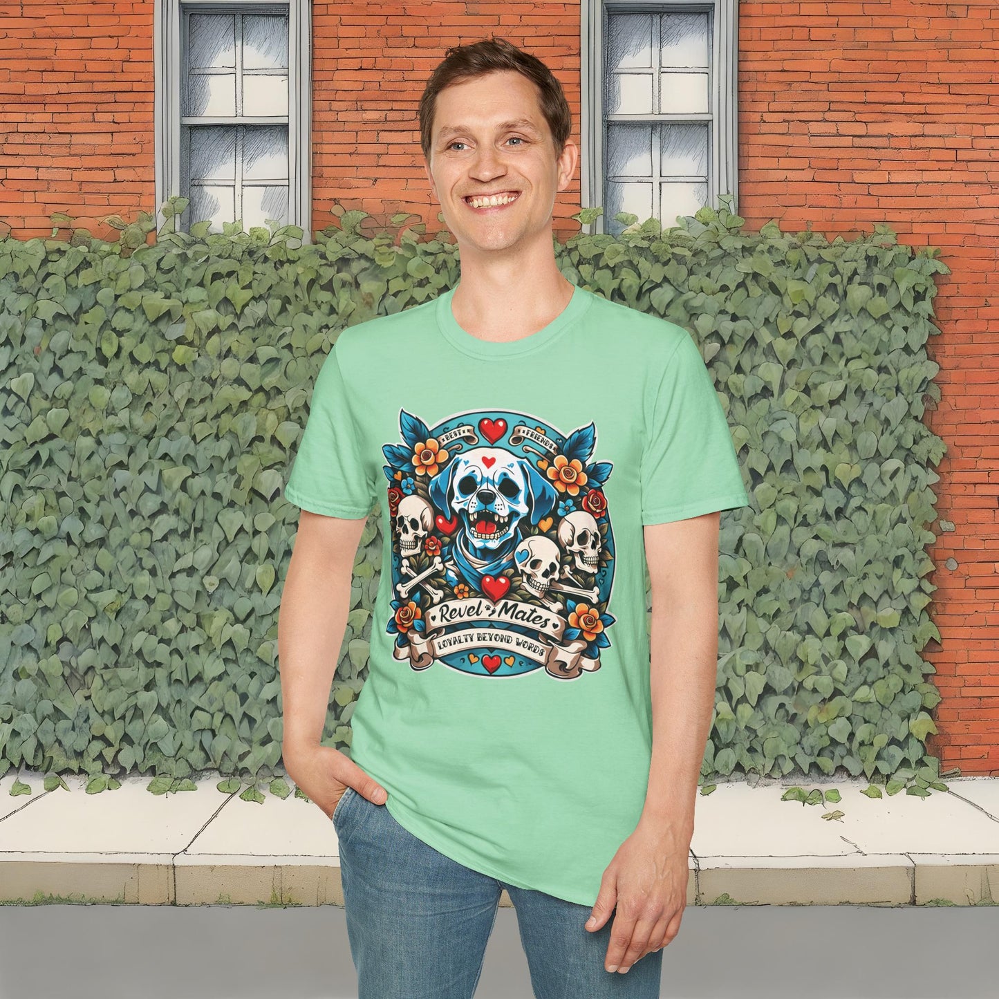 Unisex Softstyle T-Shirt | Solid Colors | Dog Skull Tattoo Design | 15 colors