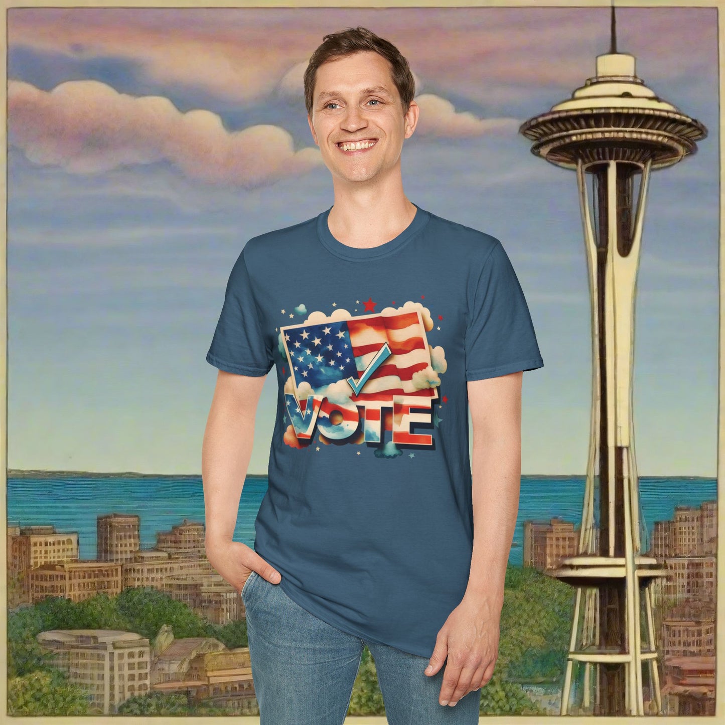 Unisex Softstyle T-Shirt | Solid Colors | VOTE Watercolor Design | US Elections | 15 colors