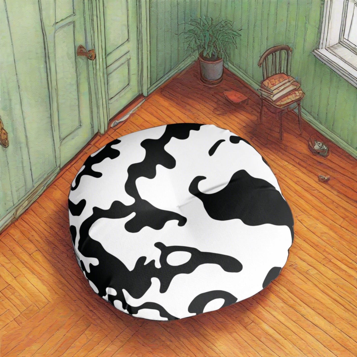 Round Tufted Floor Pillow | for Pets and Companions | Camouflage Black & White Design