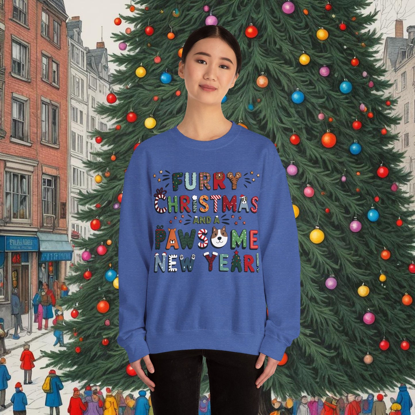 Unisex Heavy Blend Crewneck Sweatshirt | Heather and Antique Colors | Furry Christmas Design | 9 colors