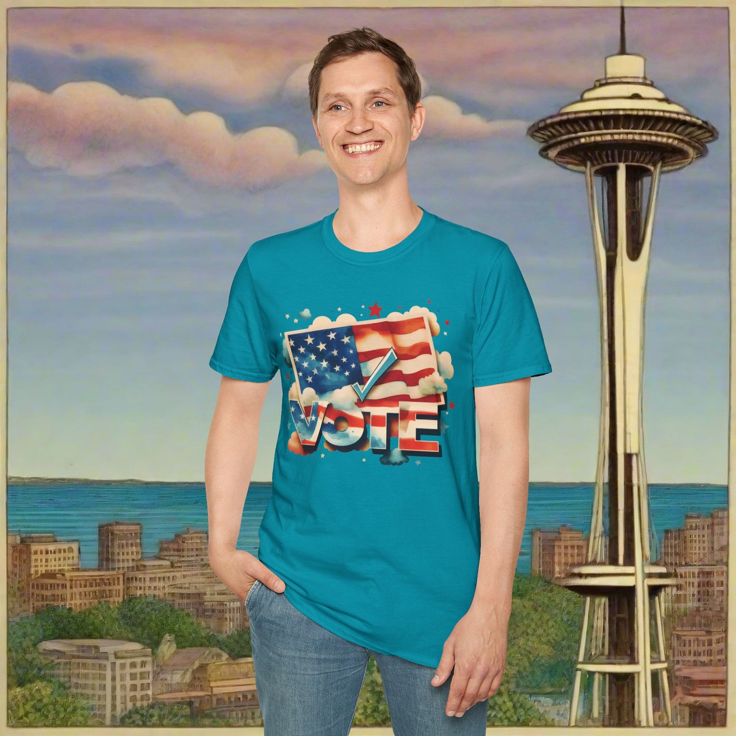 Unisex Softstyle T-Shirt | Solid Colors | VOTE Watercolor Design | US Elections | 15 colors