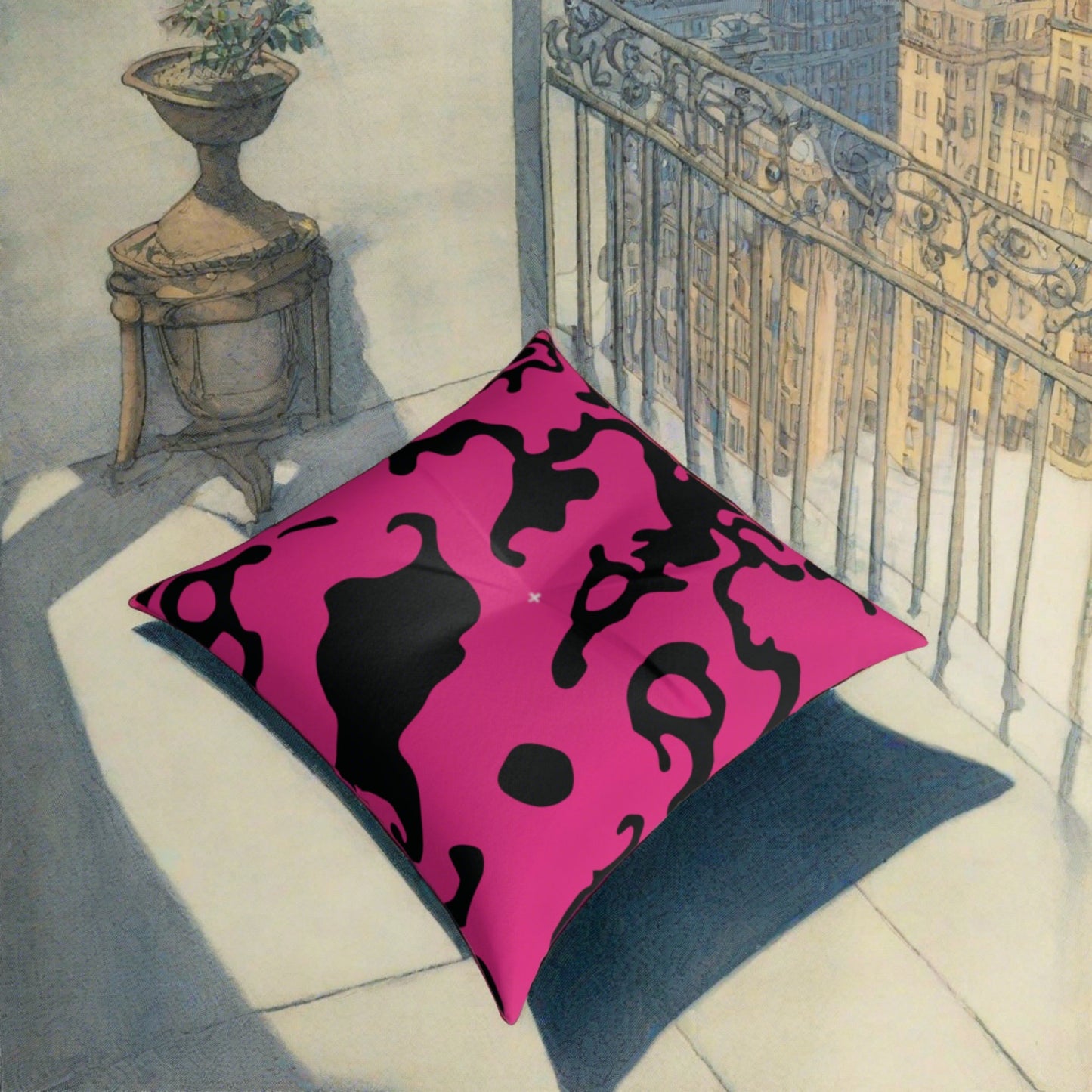 Square Tufted Floor Pillow | for Pets and Companions | Camouflage Fuchsia & Black Design